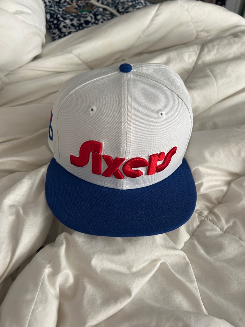 White and Blue Snapback Hat with Red Raised Logo